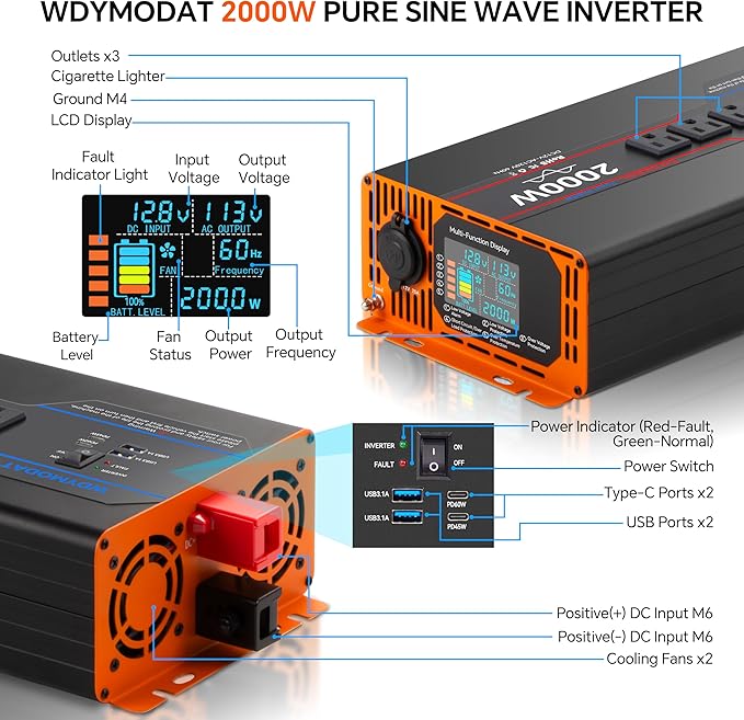 2000W Pure Sine Wave Inverter, Car Power Inverter 12V to 110V 120V, DC to AC Converter Generator with AC Outlets 3.0A USB Type-C, Remote Controller LCD Display Truck Inversor for Vehicles, RV