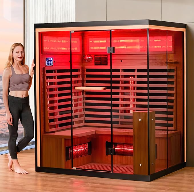 Infrared Sauna, 3-4 Person Home Sauna with Himalayan Salt Panel & 10 Minutes Warm-up System, Indoor Sauna Spa Room with Canadian Hemlock&Panoramic Tempered Glass,220V