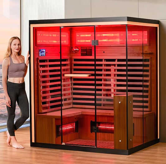 Infrared Sauna, 3-4 Person Home Sauna with Himalayan Salt Panel & 10 Minutes Warm-up System, Indoor Sauna Spa Room with Canadian Hemlock&Panoramic Tempered Glass,220V