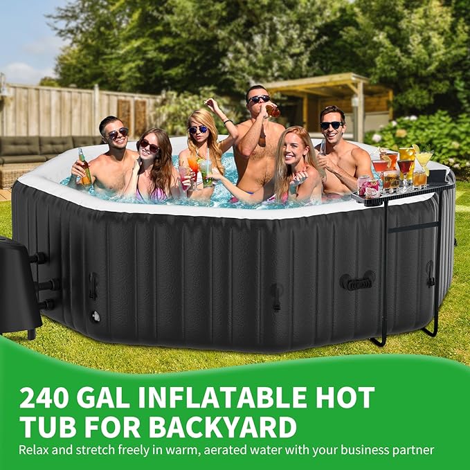 4-6 Person Inflatable Hot Tub, Polygon Portable Blow Up Hot Tub, Leak-Proof PVC Outdoor Spa with 130 Strong Air Jets, Heater Pump and Insulated Cover, 77” X 77”X 25”