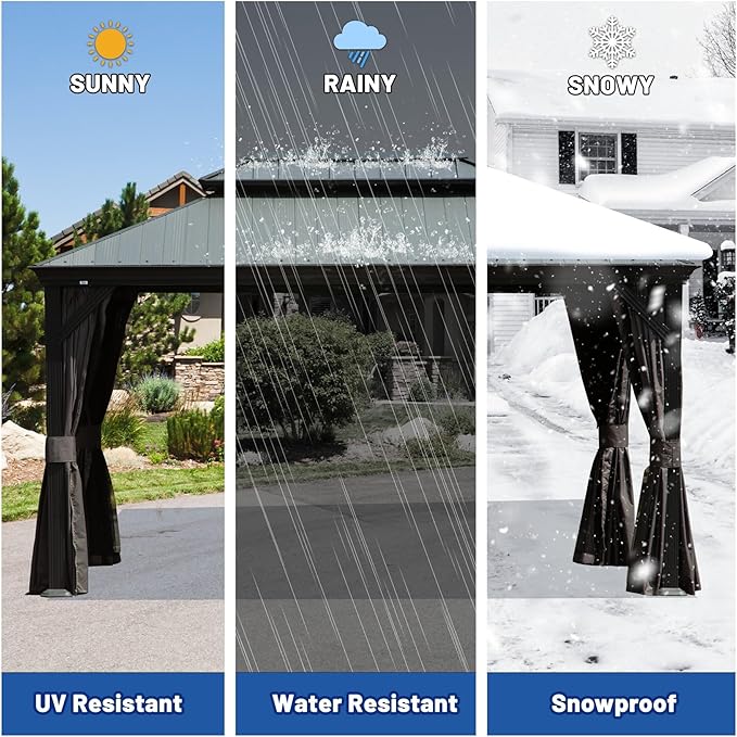 Outdoor Hardtop Gazebo for Patio 10x14FT with Resin-Galvanized Steel Roof, Metal Hard Top Gazebo with Gutters, Heavy Duty Gazebos All Season with Curtains & Netting, for Deck, Backyard, Hot Tub