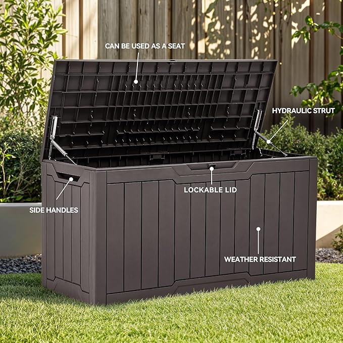 YITAHOME 100 Gallon Resin Deck Box, Weather Resistant Outdoor Storage Box, Lockable Indoor Outdoor Storage for Supplies and Essentials, Dark Brown