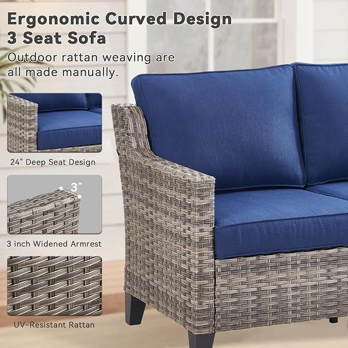 Patio Bistro Set, 3 Piece Outdoor Patio Furniture with 3-Seat Patio Wicker Sofa, Ottomans and Comfy Cushions, Rattan Wicker Conversation Set with High Back, Conversation Sets for Patio