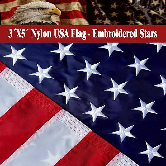 Nylon Embroidered American US Flag 3x5 FT 100% Made in The USA- Heavy Duty Vibrant Colors United States Flag with Embroidered Stars and Sewn Stripes for Home/Company/Indoor Outdoor Decoration (FMAA Certified)