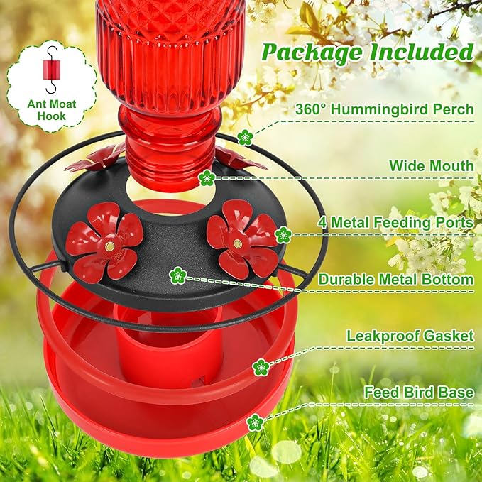 FEED GARDEN Glass Hummingbird Feeder for Outdoors Hanging, 16 OZ Humming Bird Feeders with 4 Bee Guard Feeding Ports & Built-in Ant Moat, Hummingbird Gifts for Mom Bird Feeder for Outside, Red,2 Pack