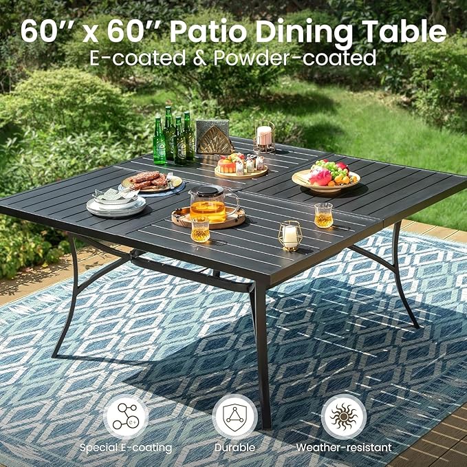 PHI VILLA 9 Pieces Square Outdoor Dining Table Set for 8, 60” Large Metal Steel Dining Table & Rattan Wicker Chairs with Cushions, Dining Furniture Set for Patio, Deck, Yard, Porch