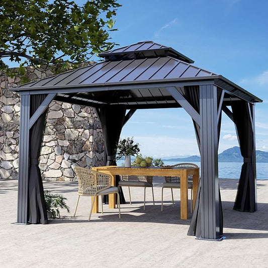 10 X 10ft Hardtop Gazebo, Galvanized Steel Double Roof Gazebo with Nettings and Curtain Outdoor Aluminum Frame Vertical Stripes Roof Permanent for Patio, Backyard, Lawns