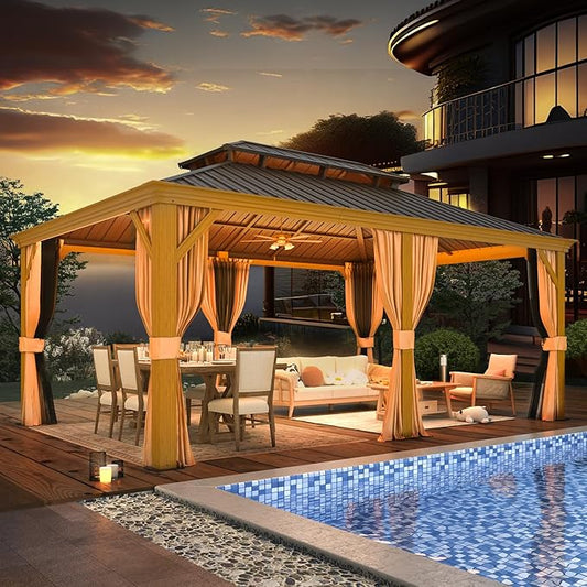 EROMMY 12'x18' Hardtop Gazebo, Galvanized Steel Double Roof with Wood Grain Aluminum Frame, Outdoor Permanent Metal Pavilion with Curtains and Nettings for Patio, Backyard and Deck