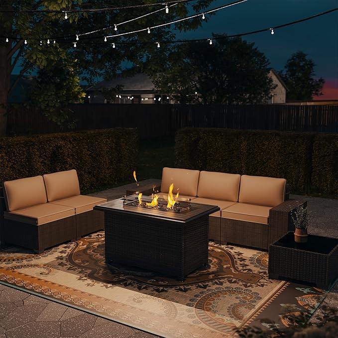 Outdoor Patio Furniture Set with Propane Fire Pit Table, 7 PCS Outdoor Furniture Patio Sectional Sofas Conversation Sets w/ETL Approved 43" Gas Outdoor Fire Table & Coffee Table Brown.