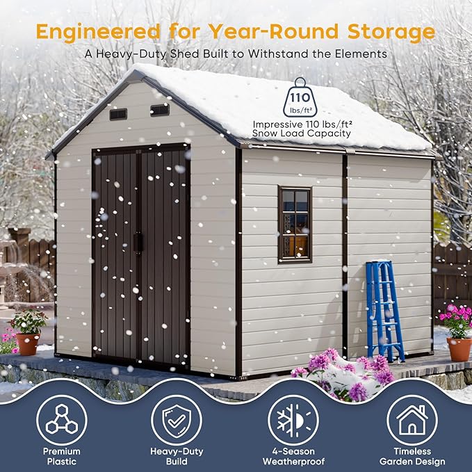 8x8x7.8 Shed with Floor, Heavy-Duty Plastic Resin Sheds & Outdoor Storage, Garden Tool Shed for Backyard, Patio, Bike Storage with Lockable Awning Windows & Reinforced Steel Frame 23-Gauage