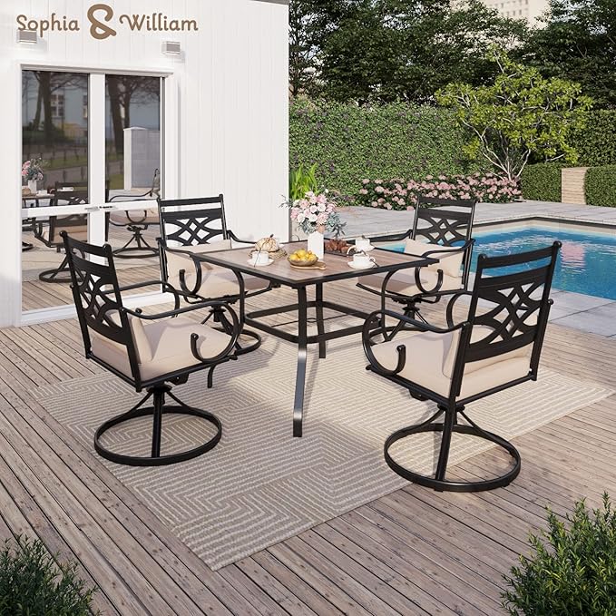Sophia & William Swivel Patio Dining Set for 4, Outdoor Table and Chairs, Removable Seat Cushions, 37" Black Frame & Wood-Like Tabletop