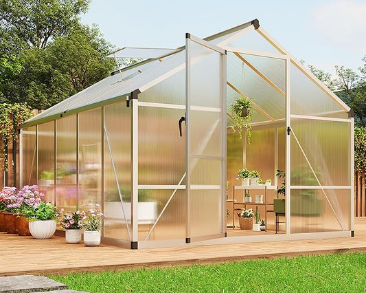8 x 10 ft Greenhouse, Greenhouses for Outside, Polycarbonate Greenhouse with Aluminum Frame, Lockable Door and Ajustable Roof Vent for Backyard, Green Houses for Outside Garden Backyard, Patio