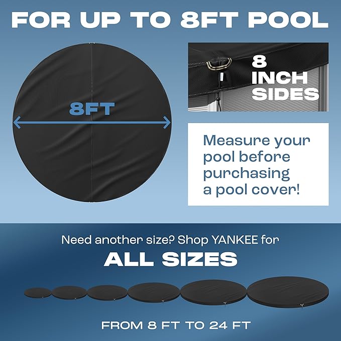 Yankee Diamond Series Pool Covers for Above Ground Pools | All-Weather, Windproof, Light 8ft Round Pool Cover w/ 4 Screw-in Pegs, 4 Ropes | 3 Mounting Methods, Strong Fastenings for Triple Protection