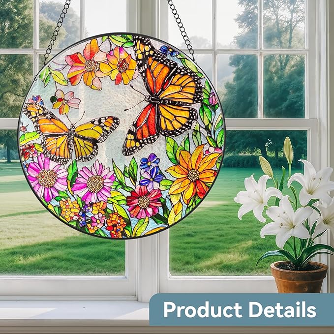 Suncatcher Stained Glass Window Hanging - Butterfly Glass Panel with Metal Chain and Hooks Handmade Sun Catcher Decoration for Window Garden Home Christmas & Birthday Gifts (8 Inch)