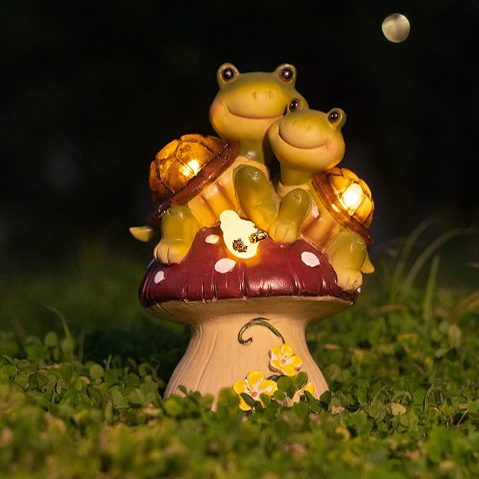 Garden Statues Turtles Outdoor Decor, Resin Turtles Figurines Lights Sculptures with Solar Light, Lovely Turtle with Mushroom for Garden Patio Yard