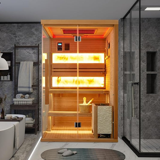 Traditional Steam Saunas for 2-4 Person,Luxurious Indoor Sauna with 2300W Stove Heater,Wood Saunas Room with 2 Himalayan Salt Bricks,7-Color Dynamic Abysm Sky Lights,Bluetooth Speaker