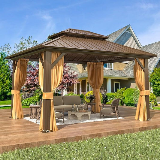 EROMMY 10'x12' Gazebo Hardtop, Galvanized Steel Double Roof Metal Gazebo with Aluminum Frame, Permanent Outdoor Pavilion with Curtain and Netting for Patio, Lawn and Garden, Brown