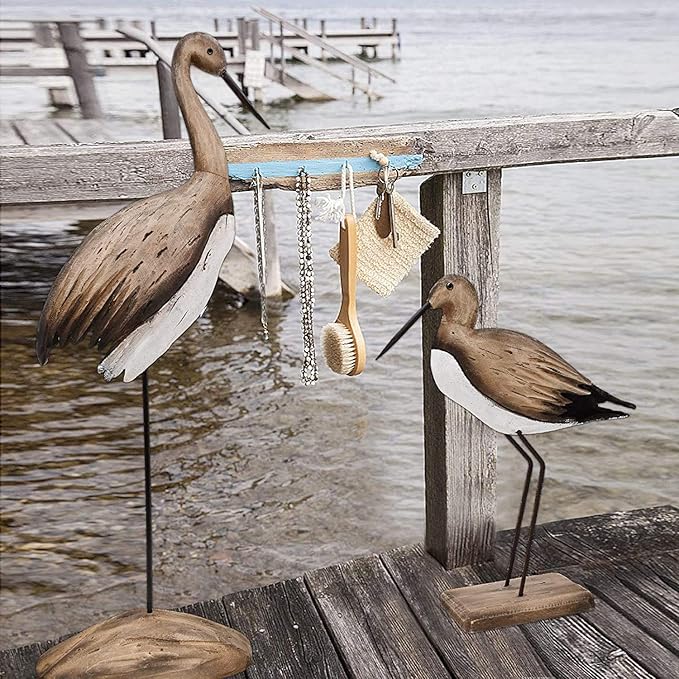 Morning View Wooden Crane Decor Wood Sea Birds Statue Bird Figurines Seabird Statue Standing Cranes Decorations Coastal Sculpture Nautical Beach Ocean Home Table Garden Yard Lawn Outdoor 24.5 Inch