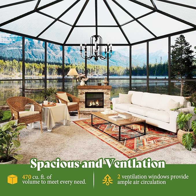 AMERLIFE 12x10x8 FT Hexagonal Hybrid Polycarbonate Greenhouse for Outdoors, Quick-Connect Assembly, Aluminum Frame with Ventilation and Rain Gutter for Backyard Garden, Black