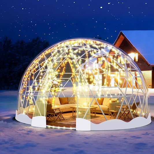 12FT Garden Dome Tent, Geodesic Dome Greenhouse with PVC Clear Cover, Waterproof Garden Bubble Dome Tent House with 2 x 10M Light Strings for Outdoor, Patio, Backyard, Party (White Edge, 10FT/3M)