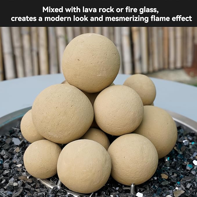 Skyflame 3" Ceramic Fire Pit Balls, Set of 15 Round Beige Fire Spheres for Indoor and Outdoor Fire Pits or Fireplaces