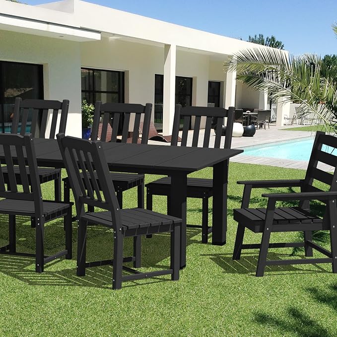 LOUNZY 9 Pieces Patio Dining Sets,Outdoor HDPE Furniture Set for 8 w/ 2" Hole Cut-Out Dining Table with 8 Patio Chairs(2 W/Armrest, 6 w/o Armrest),Black