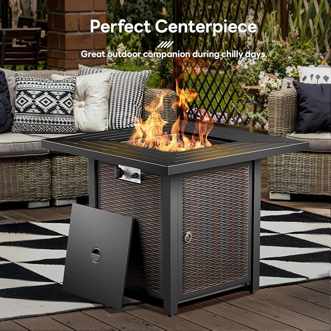 6 Pieces Patio Furniture Set with Fire Pit Table, Wicker Rattan Outdoor Furniture Set with Loveseat and Swivel Chairs for Yard, Deck, Garden, Yellow Wicker/Red Cushion