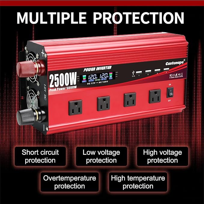 2500W Power Inverter 12V to 110V/120V DC to AC with LCD Display, Remote Controller 4 x AC Outlets and 4 x 3.1A USB Car Adapter for Car Truck Boat RV Solar System