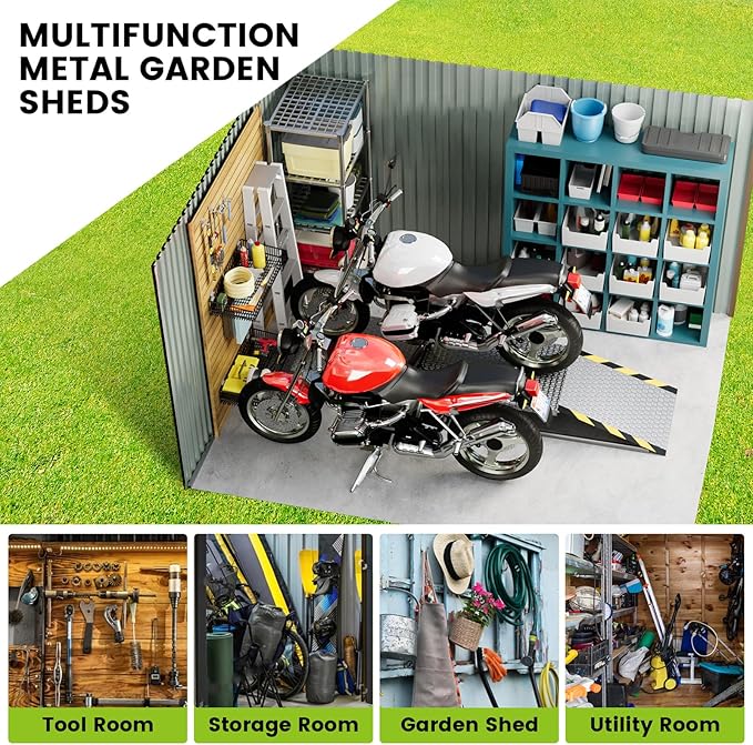 10x10 FT Outdoor Metal Storage Shed, Large Metal Storage Sheds with Sturdy Frame Structure, Garden Tool Shed with Lockable Door for Garden, Lawn, Backyard, Brown