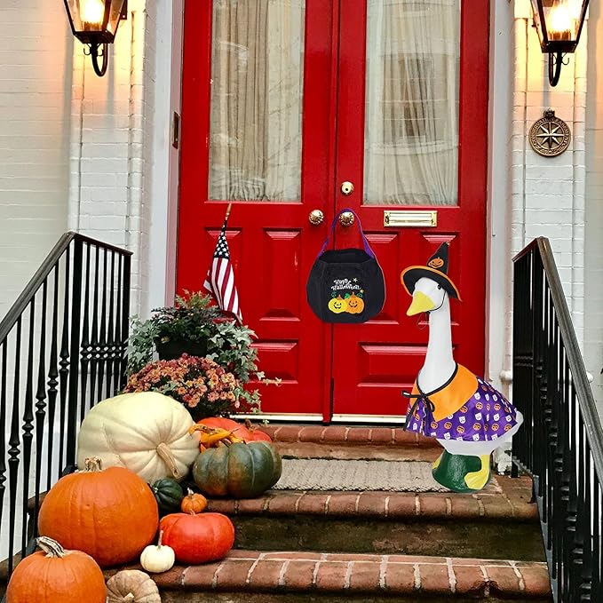 Halloween Porch Goose Outfits 23", Yard Goose Statue Clothes with Pumpkin Trick or Treat Bags, Fall Thanksgiving Outdoor Decor for Patio Lawn Garden and Porch Goode Theme (Pumpkin Ghost Cloak)