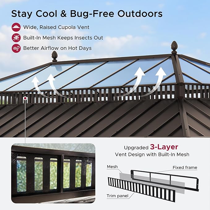SUNJOY Kingston 20' x 12' Hardtop Gazebo with Galvanized Steel/Polycarbonate Double Roof, Curtain and Netting, Brown Aluminum Posts Permanent Pavilion Gazebo for Garden, Patio, Deck, Lawn