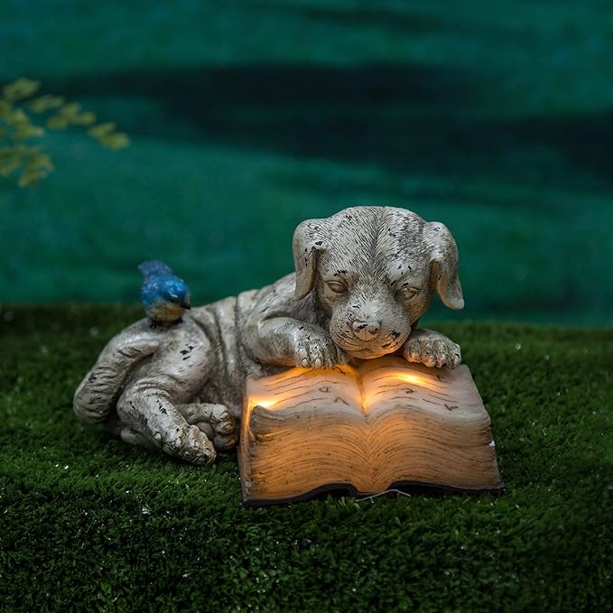 Topadorn Resin Dog Statue Solar Power Outdoor Statuary Cute Puppy for Garden Decoration, Dog Read a Book