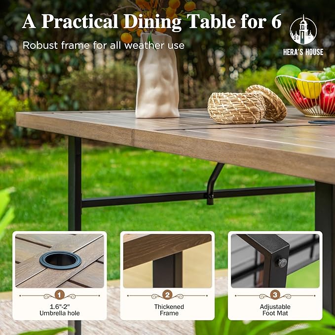 HERA'S HOUSE 7-Piece Outdoor Dining Set for 6, 64" Weather-Resistant Metal Patio Table with 6 Foldable Grey Chairs, Perfect for Garden, Backyard, Porch & Lawn (Space-Saving Design)