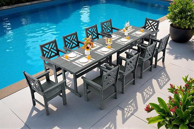 12 Piece HDPE Outdoor Dining Set for 10, Patio Dining Furniture Set with 2 Table and Umbrella Hole, Outdoor Table and Chairs for Garden, Poolside, Backyard, Deck