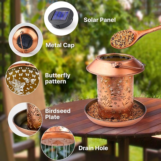 2pack Butterfly Solar Bird Feeders for Outdoors Hanging-Metal Waterproof Outdoor Lantern Bird Feeder, Weather Resistant and Waterproof Hummingbird Feeder Decor Patio, Deck, Garden Gifts for Women