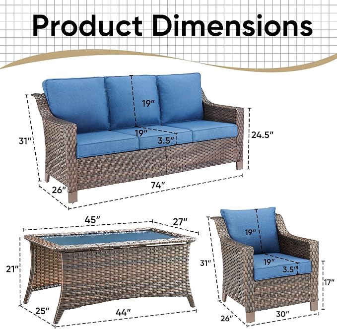 4 Piece Patio Furniture Set-Outdoor Rattan Wicker Sofa with Patio Chairs Outdoor Furniture for Porch Garden Backyard Poolside-Brown/Blue