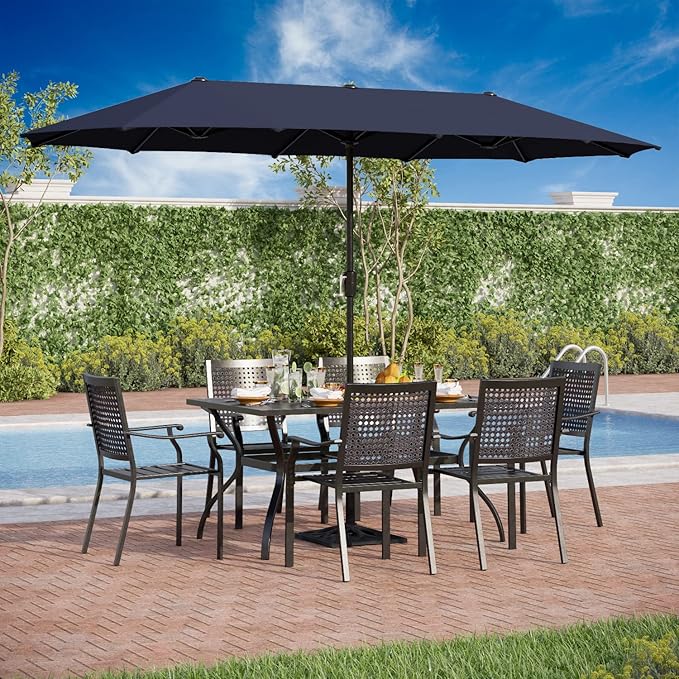 PHI VILLA 7 Pieces Patio Dining Set for 6 with 13ft Large Patio Umbrella, Metal Outdoor Stackable Wrought Iron Chair Set of 6 & 60"X38" Metal Dining Table,Market Table Dark Blue Umbrella