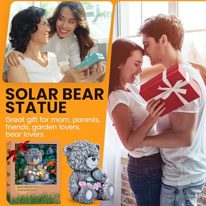 Solar Garden Outdoor Statues Bear with Heart and Pink Flower and 5 LED Lights-Lawn Decor Bear Statue for Patio, Balcony, Yard Ornament-Unique Mother's Day and Housewarming Gifts for Mom, Women