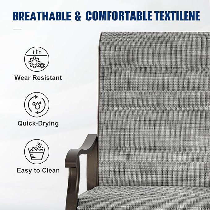 UDPATIO Patio Swivel Chairs Set of 2, Outdoor Dining Chairs High Back with Padded All Weather Breathable Textilene, Metal Rocking Frame for Backyard Lawn Garden, Grey White
