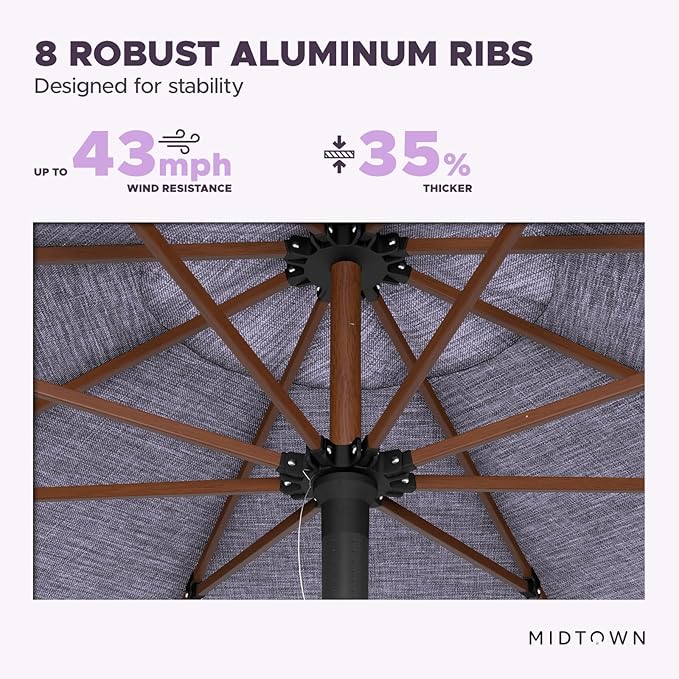 Midtown Umbrellas The Wooden 10 Feet Patio Umbrella With Terylast Purple Texture Polyester Fabric - Aluminum Frame Market Umbrella For Backyard, Deck, Garden, Pool - Wooden Pole