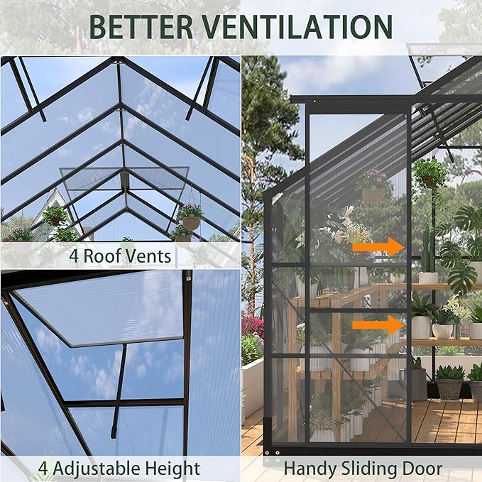 Greenhouses for Outdoors, 8x20 FT Polycarbonate Greenhouses with 4 Adjustable Roof Vents, Walk-in Aluminum Frame Green Houses for Outside with Sliding Doors, Windproof, Graden(8x20FT)