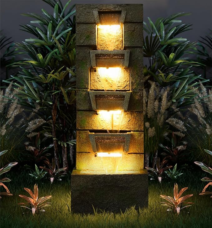 41.1" Outdoor Water Fountains Modern Fountain with LED Lights with Water Pump 4 Tier Floor Standing Outdoor Waterfall Fountain for Garden, Yard, Home Decor, Patio, Yellow