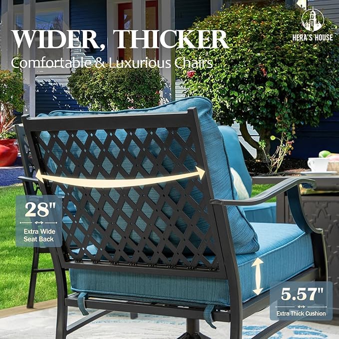 HERA'S HOUSE 6 Piece Patio Furniture Set, 4 x Fixed Metal Cushioned Chair, 1 x 3-Seat Sofa with Marbling Coffee Table, 7 Seats Outdoor Conversation Set for Lawn Garden Backyard, Pacific Blue