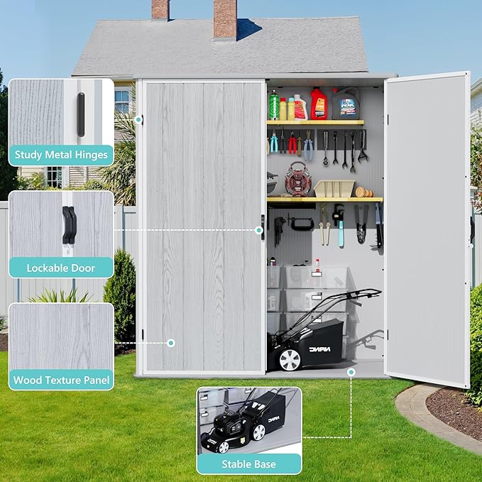 Greesum 5×3FT Plastic Outdoor Storage Shed with Floor, Resin Sheds with Lockable Door, Window and Vent, All-Weather Tool Storaged Sheds for Garden, Backyard, Patio, Light Gray (4.7×2.5FT)