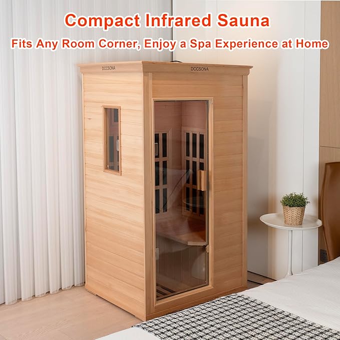 1-Person Indoor Infrared Sauna 1000W – Canadian Hemlock Wood Home Sauna with Red Light Therapy, Bluetooth Speaker, Glass Door,Big Room: 37.8" x 30.3" x 65.4"
