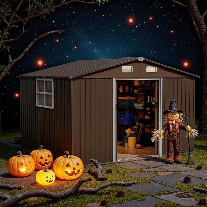 10FT x 8FT Outdoor Storage Shed, Waterproof, Lockable Door Metal Tool Shed with Sliding Door and Air Vents, Storage House for Gardening Tools, Metal Storage Shed for Garden, Backyard, Lawn
