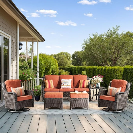 HOOOWOOO Patio Furniture Set,6 Piece Outdoor Furniture Set with Swivel Chairs,Wicker Patio Conversation Couch Chairs Ottoman Set,Orange Red