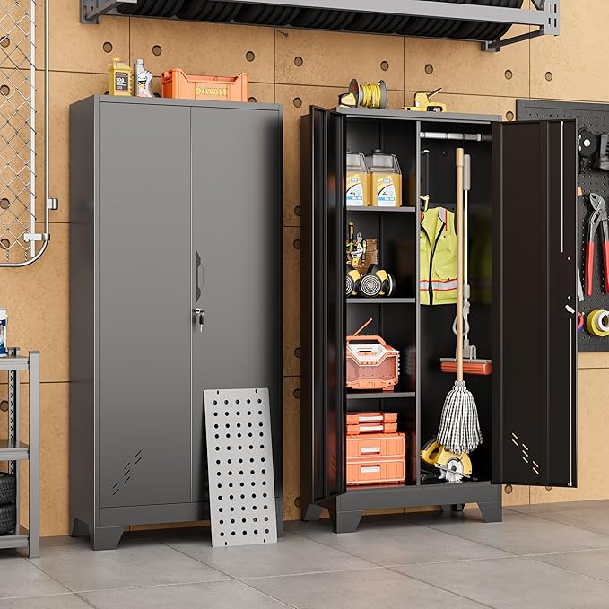 Storage Cabinet 61" H, Metal Outdoor Sheds with Shelves for Tools Storage, Cleaning Supplies Closet with Removable Pegboard for Outdoor, Garage, Utility Room