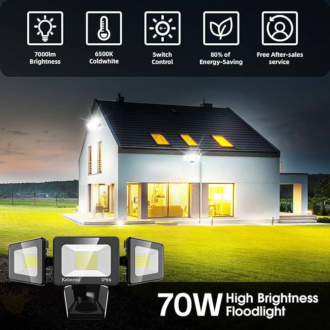 LED Flood Lights Outdoor 70W, 7000lm Floodlights, High Brightness Exterior Lighting Fixtures 6000K Cold White with IP66, Outdoor Lights for House, Yard, Garden,Playground