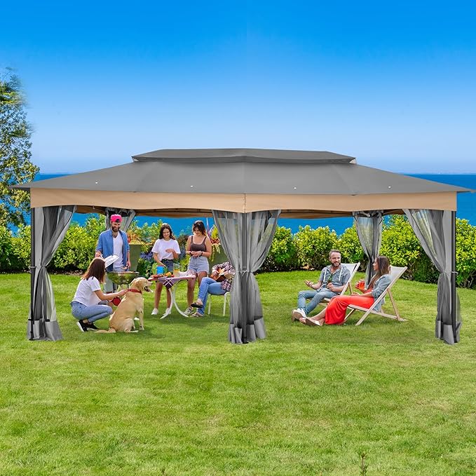 COBIZI Gazebo 12x20 Heavy Duty Gazebos with Improved Nettings Outdoor Gazebo Canopy Double Roof Patio Gazebos with Metal Steel Frame for Patio, Deck, Backyard (Gray)